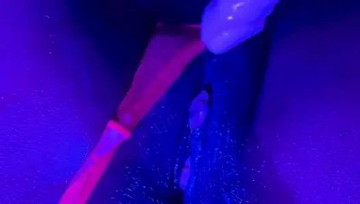 Ebony Goddess Leaking: Neon Thong & Dildo Squirt