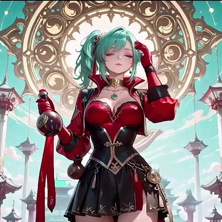 The Red-clad Blade's Private Tease! Green-haired Warrior in a Black-red Battle Robe, Commanding yet Shy on the Floating Terrace.