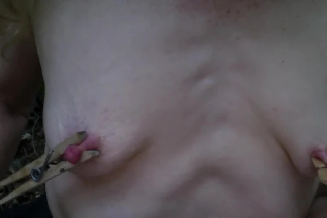 Tiny tits tortures nipples with clothespins