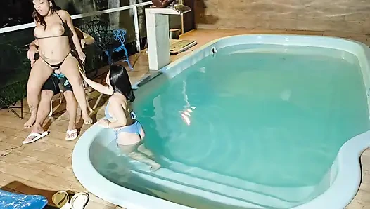 Caught in the Act! Two Brunettes Caught Masturbating in the Condo's Pool