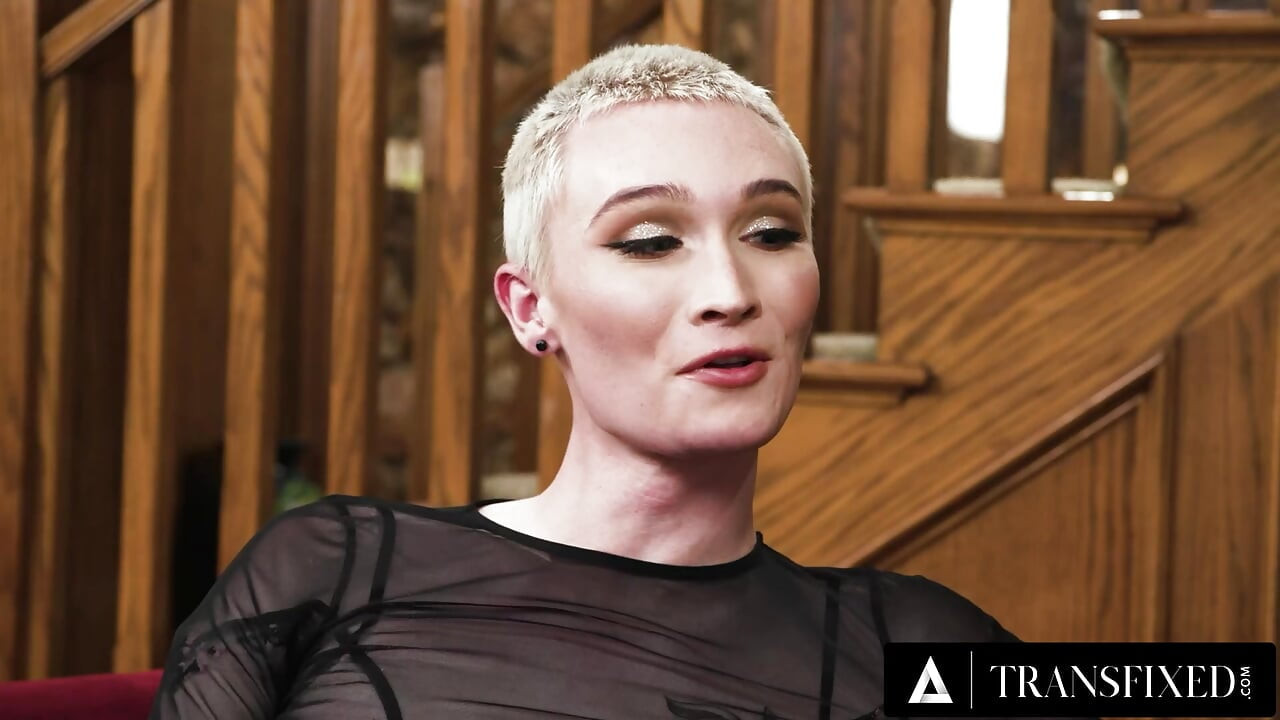 TRANSFIXED - Blonde Trans Handles A Big Dick In Her Tight Asshole Before Getting Mouth Full Of Cum