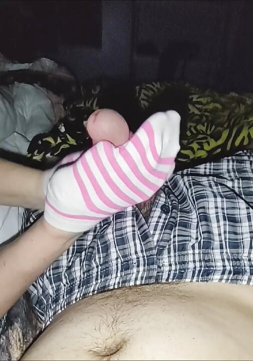 Sexy Varm Rosa & Hvit Stripete Sockjob Sokker Handjob