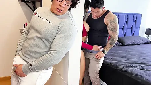 Cheating Stepsis caught fucking with her lover! She fucked her stepbrother so he keep silence!
