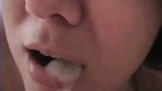 Messy drool drip spit thick cumshot out of mouth on dick