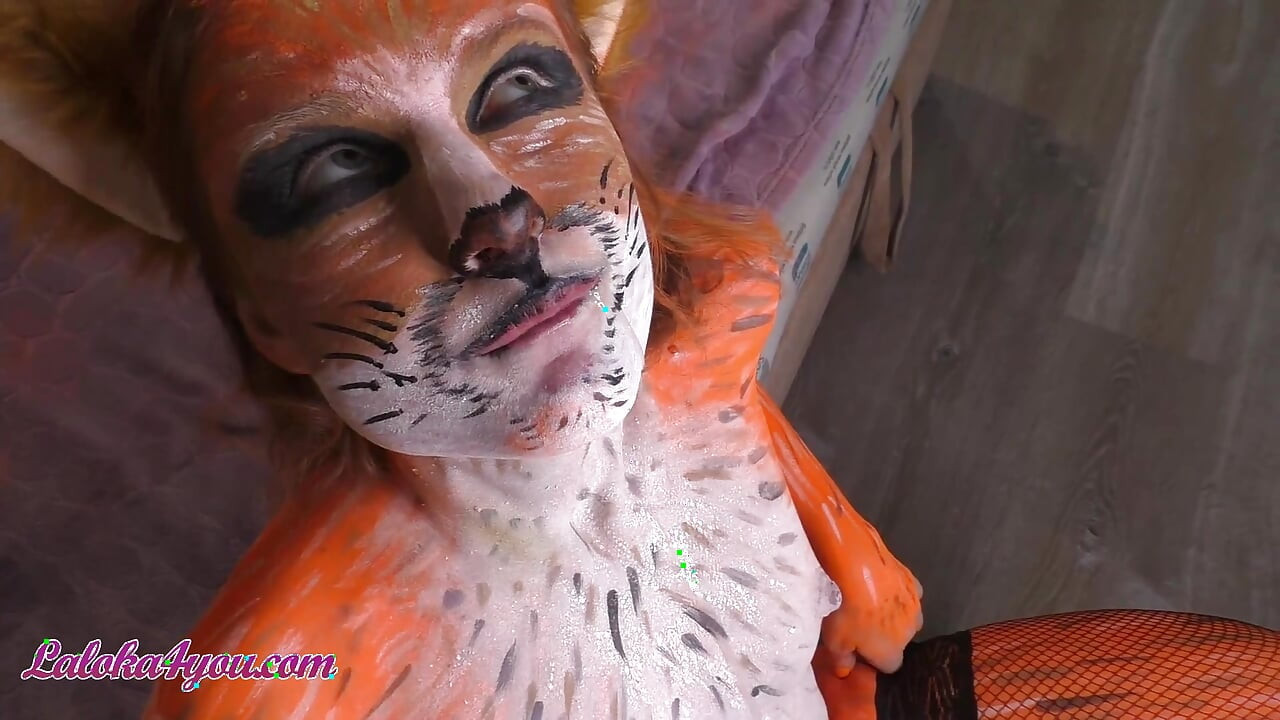 Fox butt plug fucks in different poses and swallows cum