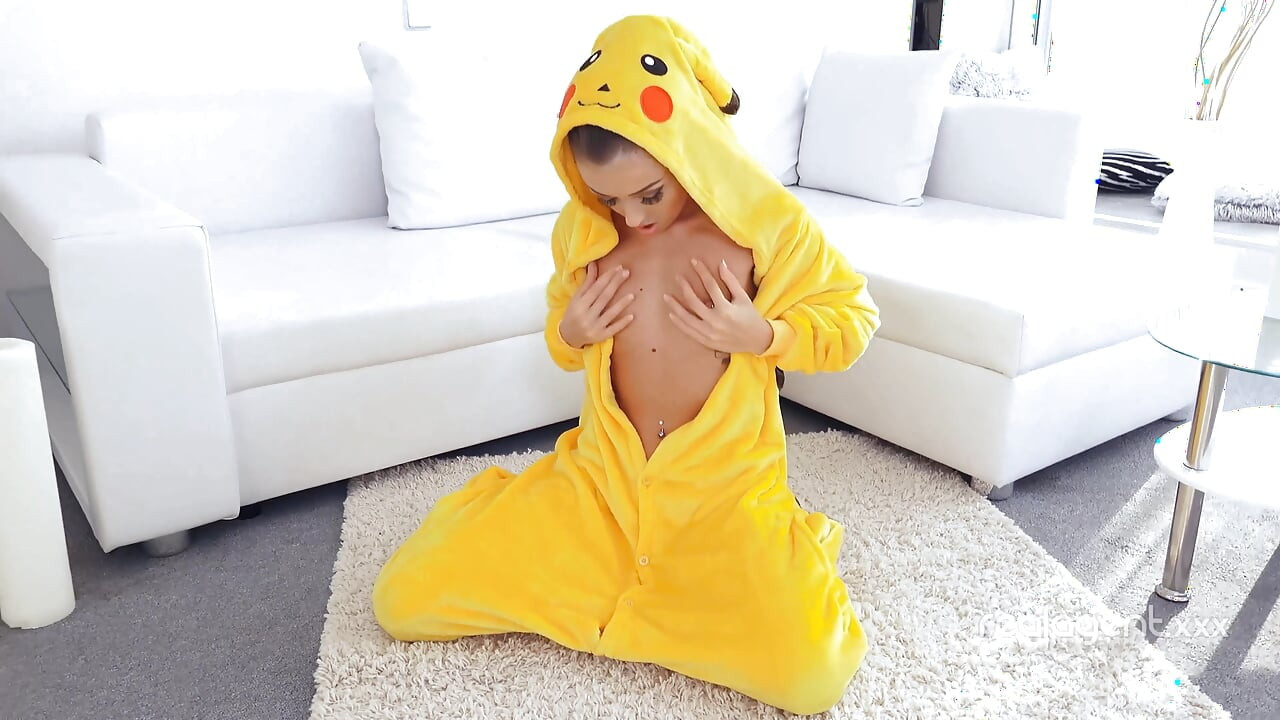 Amazing sexy Pikachu enjoys spreading her wet shaved wide hole