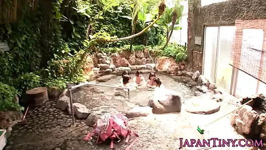 Group of tiny Japanese babes sharing cock in onsen