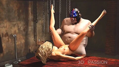 Hardcore in basement. Fat man fucks hard a sexy blonde slave