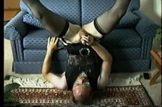 Masturbating onto own face while crossdressed