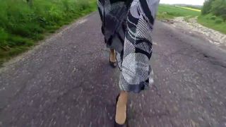 PoV walking in a long satin skirt