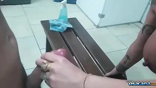 In the bathroom of the gym, the cleaning lady sucks until she expresses milk