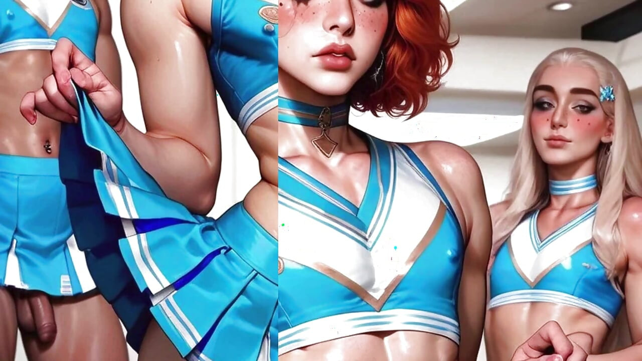 Futanari. Hete Cheerleader En Shemale Duwen Haar Dildo in Haar Strakke Kleine Kont in De Kleedkamer Badkamer.