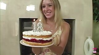 Flaming Hot Blonde Girl with a Birthday Present Gives Her Man a Great Blowjob