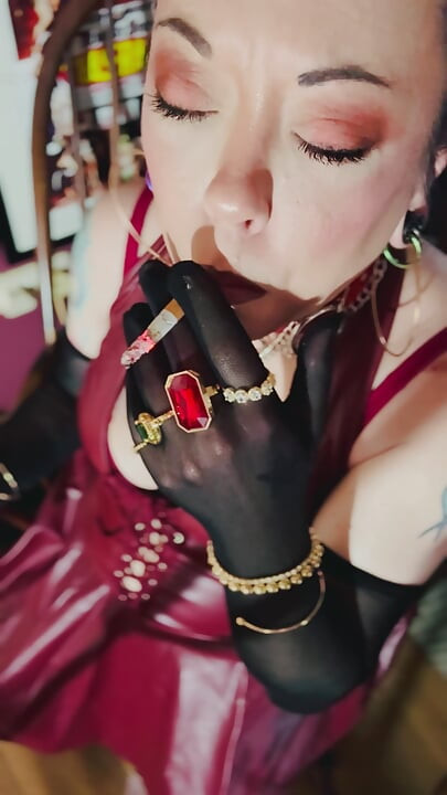 Red Leather & Cigarettes! Tina Snua Smoking A Cigarette Wearing Black Sheer Gloves & Jewelry