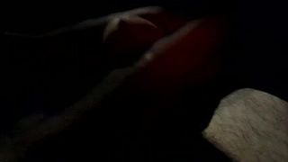 Black stocking footjob in the car from mature friend