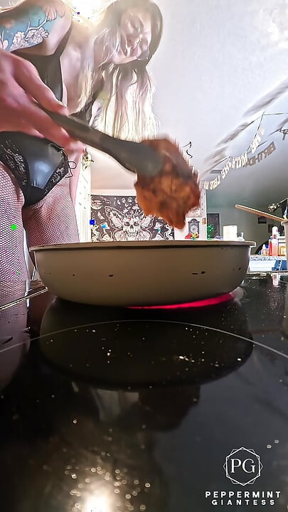 Giantess Serves up Chicken Piccata in 8-inch Heels & Black Lingerie