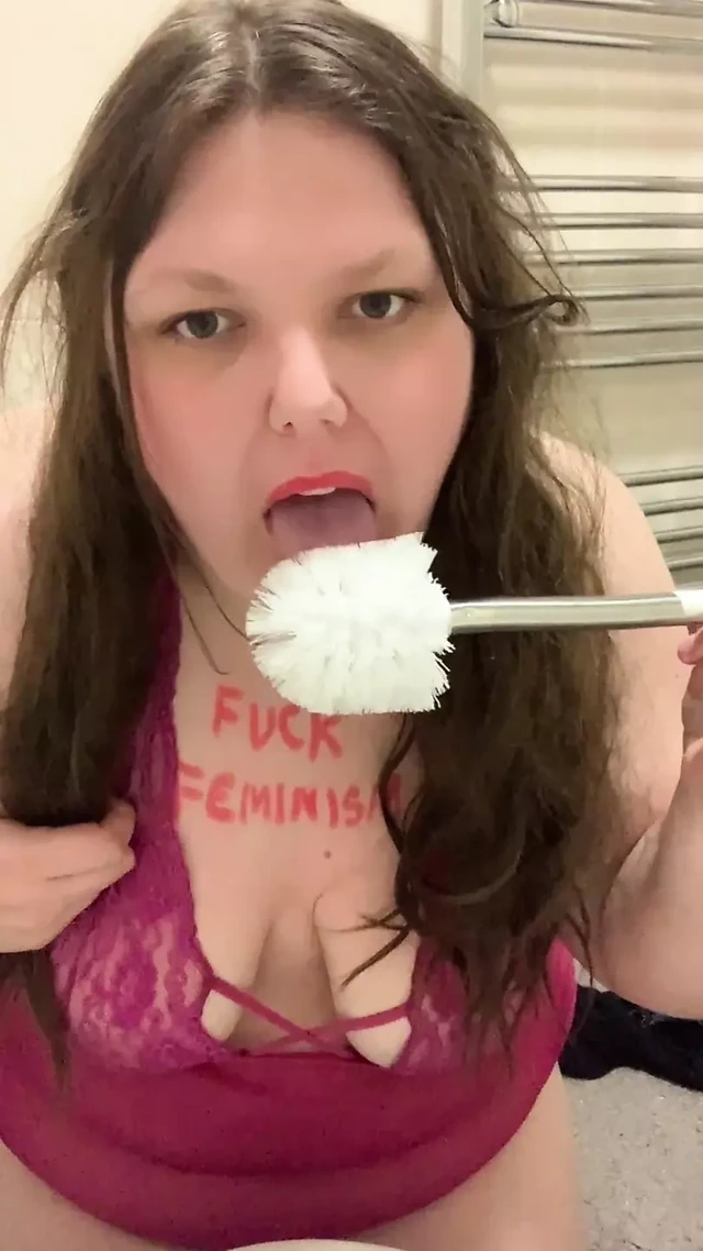 Ex Feminist slut brushing teeth with toilet brush humiliation