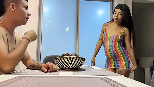 My stepsister eats my big dick while we participate in a family meeting.