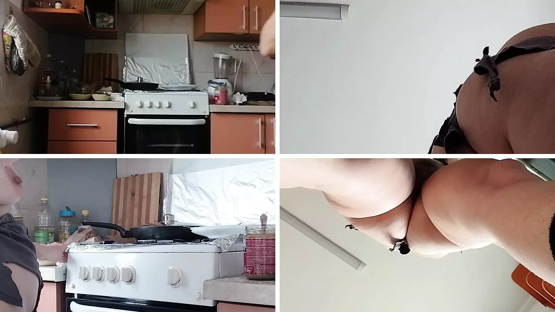 Bruna figa pelosa prepara la colazione nuda in cucina. Mamma sexy pulisce la casa nuda.