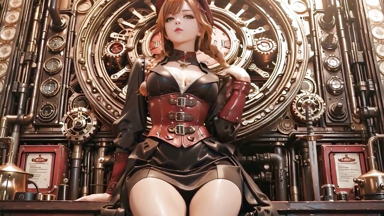 Steampunk księżna! Rudowłosa mechaniczna dziewczyna dokucza w Sali Biegów.
