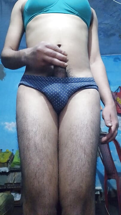 Indian Sissy Femboy Crossdresser with Phimosis Dick Jerking and Stroking While Wearing His Step Sister's Bra and Panties