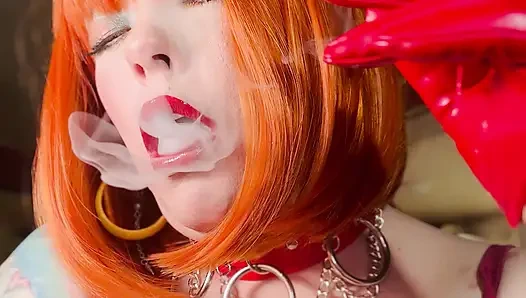 Redhead Tina In Red Leather Dress & Gloves Smoking A Cigarette With Lots Of Dangling, OMI, OME, Snap Inhales