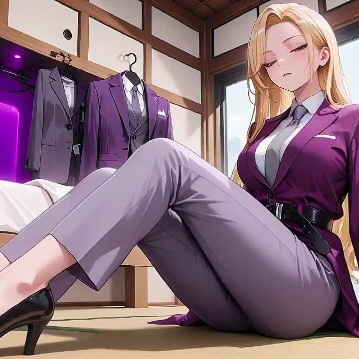 Blonde Boss in Purple Suit! Office Train Private Moments. She's Multitasking with Files While Secretly Adjusting Her Skirt...