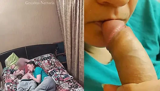 Real Russian couple's spontaneous bedroom blowjob, filmed on two cameras
