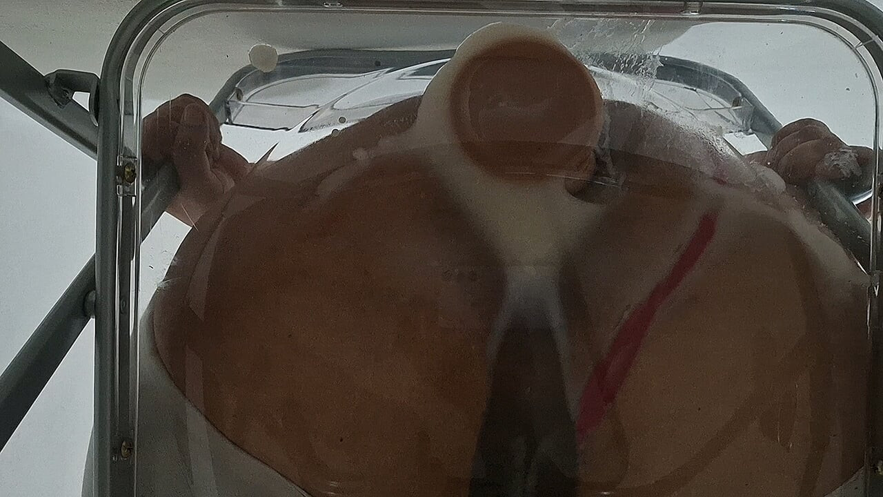Trans Fat Ass Gwen Facesitting and Anal Fucked with Creampie through Clear Chair for the First Time.