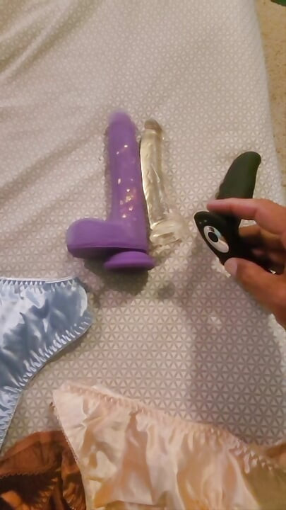 Sissy in pink satin panties cumming with a dildo.