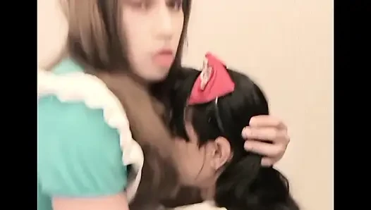 Crossdreser housekeepers have sex in their boss's room