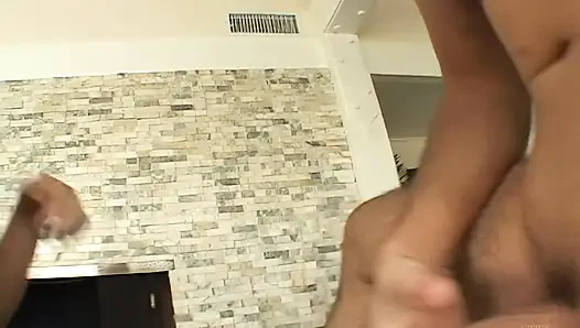 Sexy girl bends over as two cocks fuck her holes to a cumshot