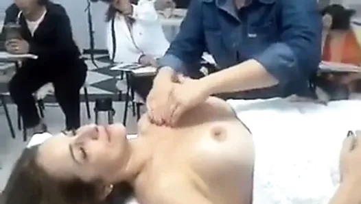 (ENF) Amateur massage class with topless woman