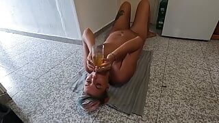 Wife Lying on Her Back Drinking Piss & Cum Through a Funnel