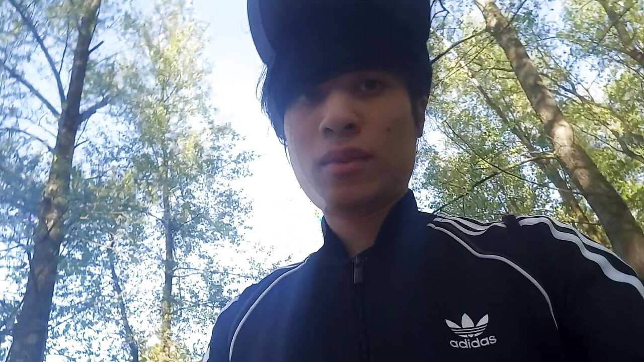 Who will spot this twink in a black and white adidas tracksuit, flashing his cock in public going commando freeballing, peeing i