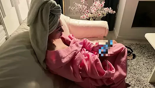 After a relaxing bath, Mira Flame takes a moment just for herself