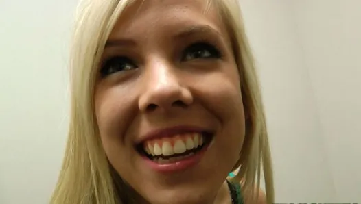 Busty young blonde teen gets fucked in mall dressing room, POV