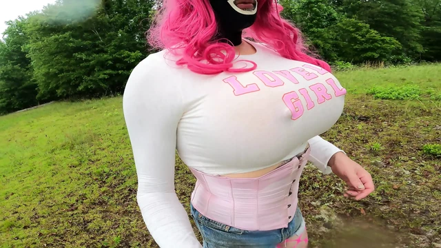 Gaint Fake Tits Jon Scarecrow having a walk in the woods in daisy dukes and a tight top while masturbating