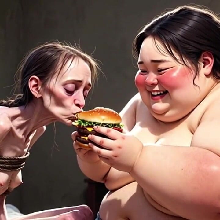 Chica flaca siendo alimentada por una mujer gorda enorme - fetiche de alimentación contrastada