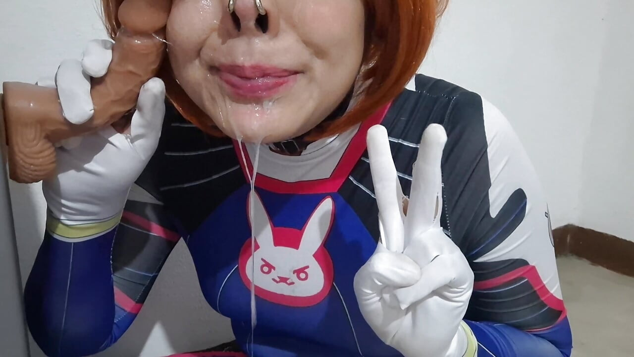 Femboy with Dva Cosplay and BDSM Nosehook Giving a Blowjob, Eating Cum and Deepthroat to Big Dildo