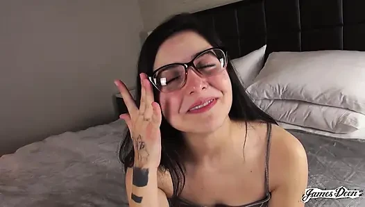 Kaitlyn Katsaros, the cute brunette nerd, can't wait to fuck James Deen's brains out