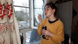 stepsister smokes a cigarette and drinks alcohol