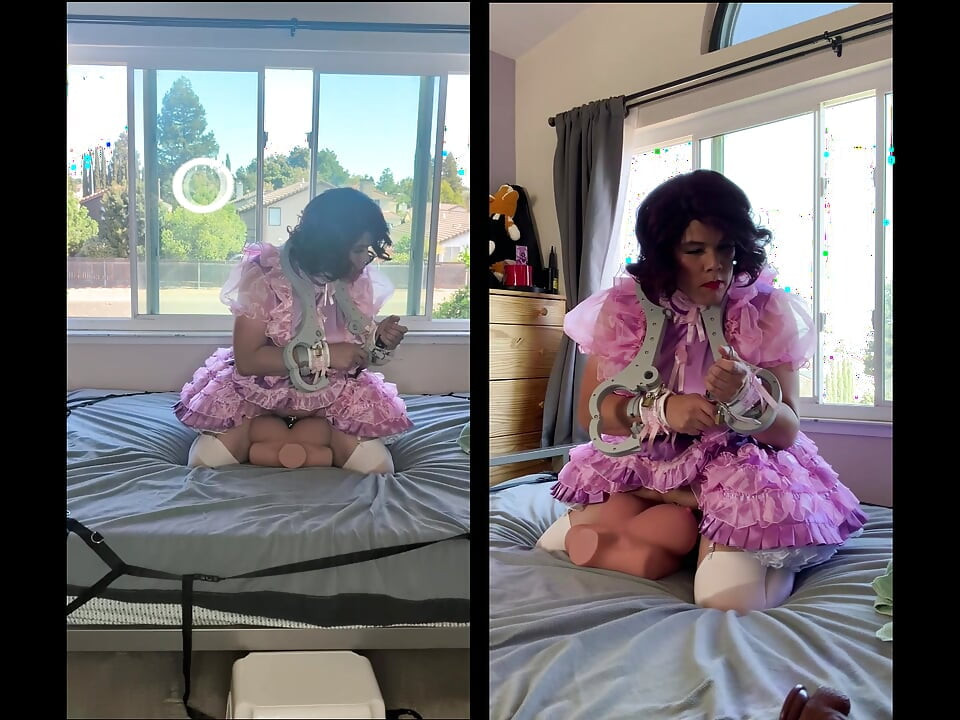Pink Satin Sissy Maid Rides Her Sex Doll Toy While Locked
