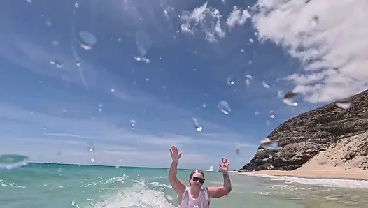Girl Wetting Jeans in the Ocean and Swimming in Wet White T-shirt