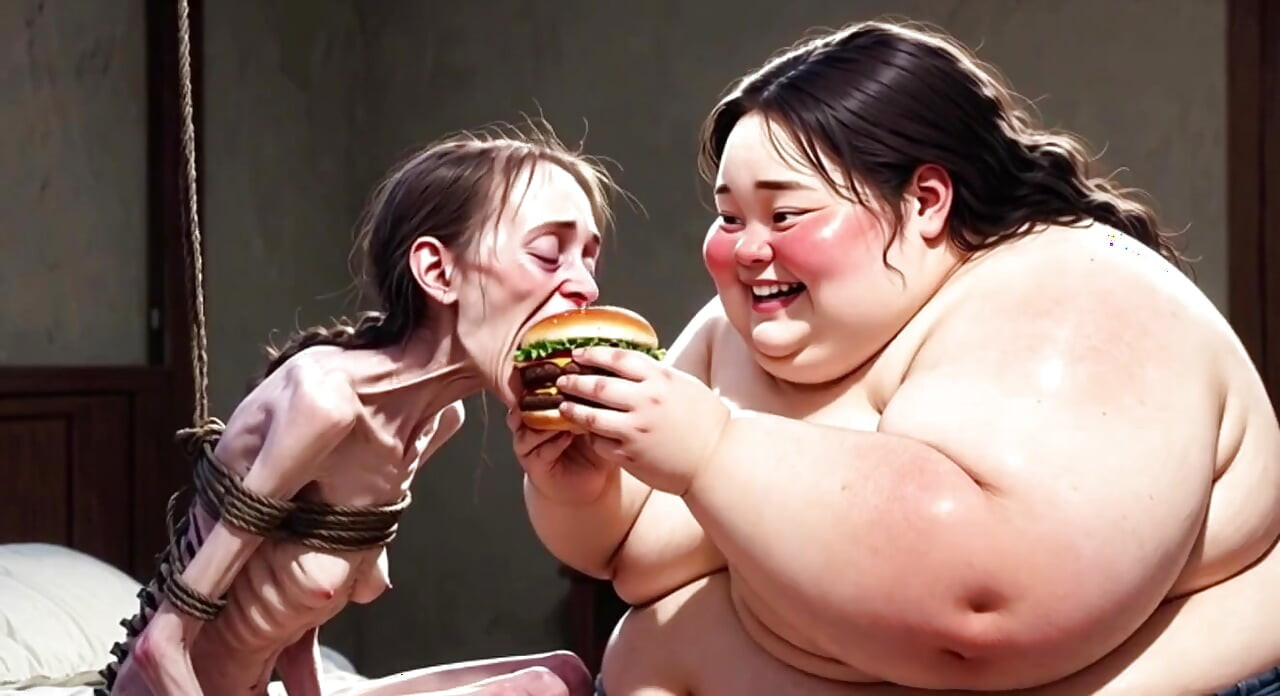 瘦女孩被巨大的肥婆餵食 - 對比餵食癖