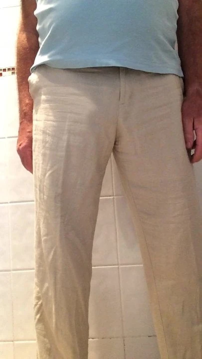 Peeing in silky boxers and light summer pants