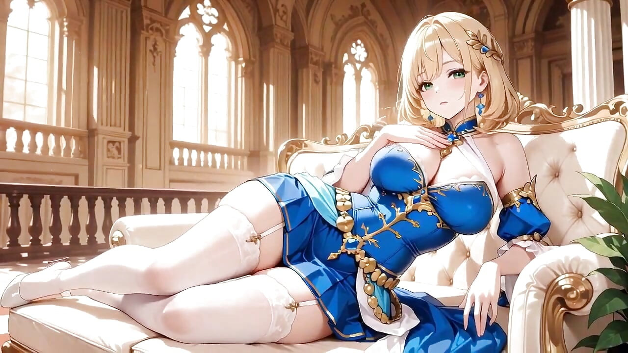 Blue-gold Gown Hugs Her Curves, Languidly Lifting Skirts & Wet Eyes Teasing You. Who Can Oppose This Contrast?
