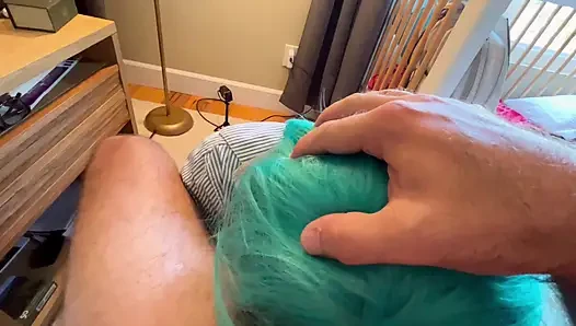 Green haired milf sucks cock