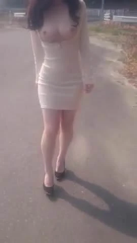 Korean girl walking with tits out