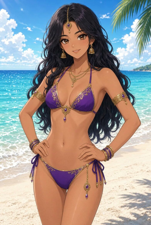 Lilavati Anime strandbikini, forsiktig berøring av magen og smil, varm indisk jente